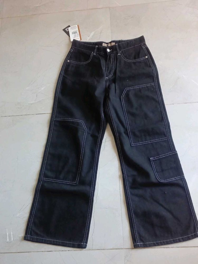Black Wide Leg Contrast Stitch Jeans