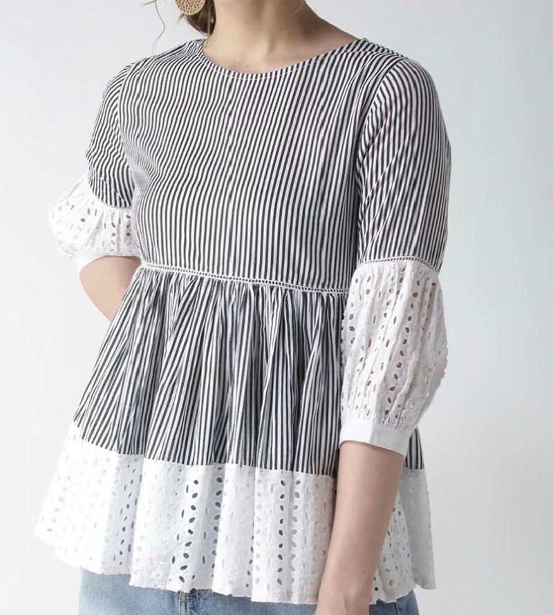 Chic Striped Eyelet Sleeve Top