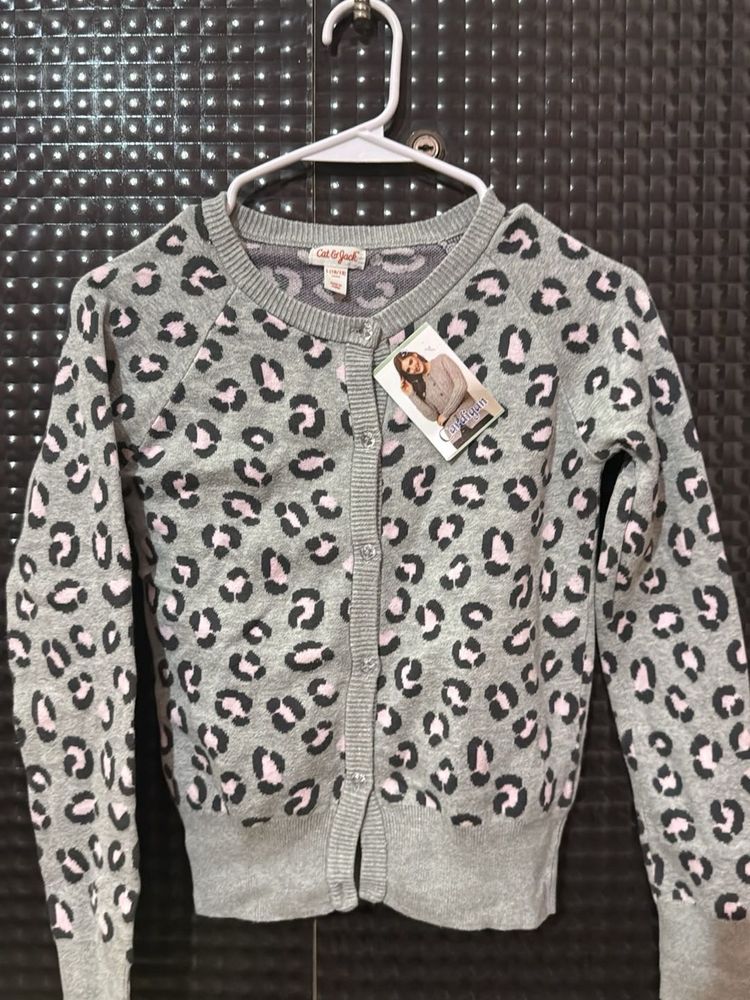 Girls Grey Leopard Print Cardigan