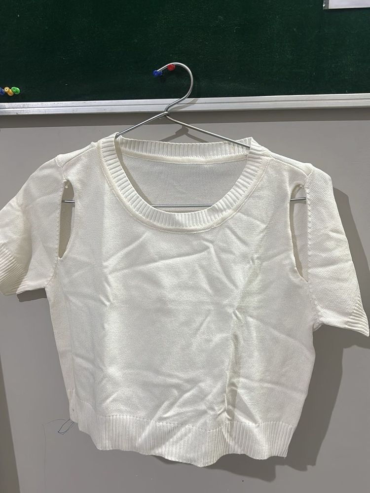 White Knit Cropped Top