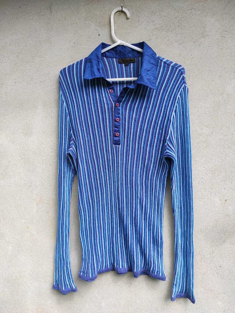 Blue Striped Long Sleeve Polo Shirt