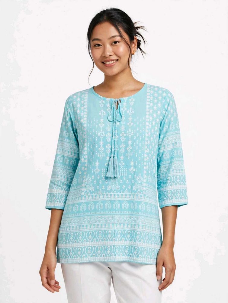 Blue Printed Tassel Neck Kurta