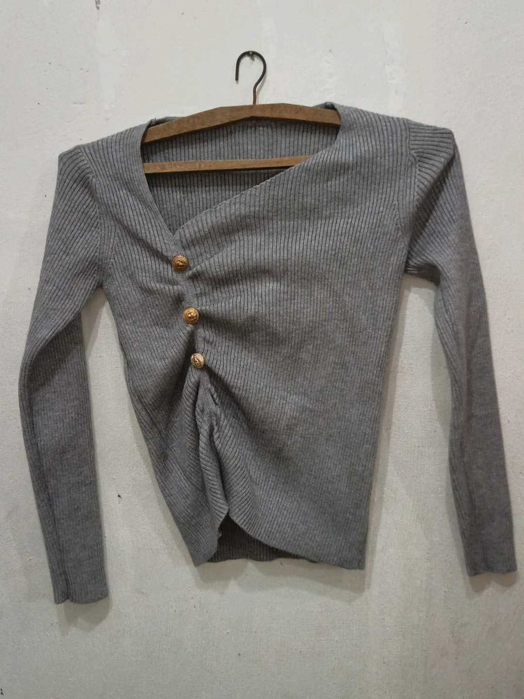 Grey Ribbed Button Detail Sweater