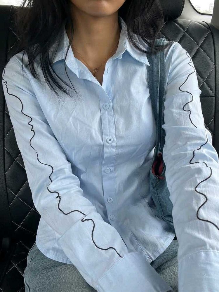 Korean Pintrest Light Blue Button-Up Shirt with Fa