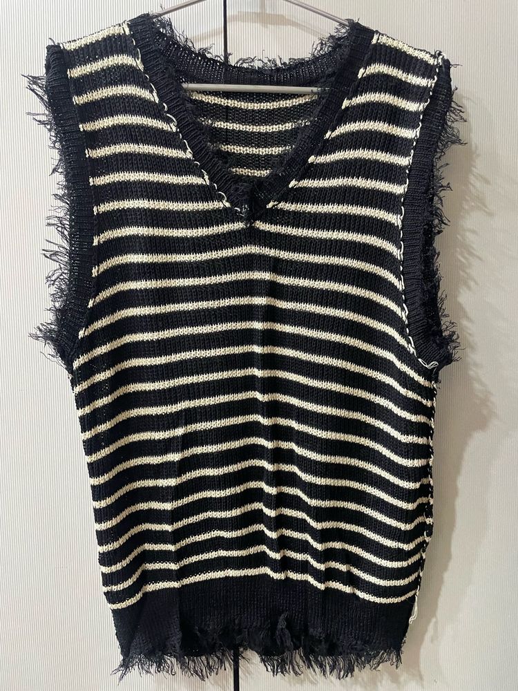Striped Distressed Knit Vest