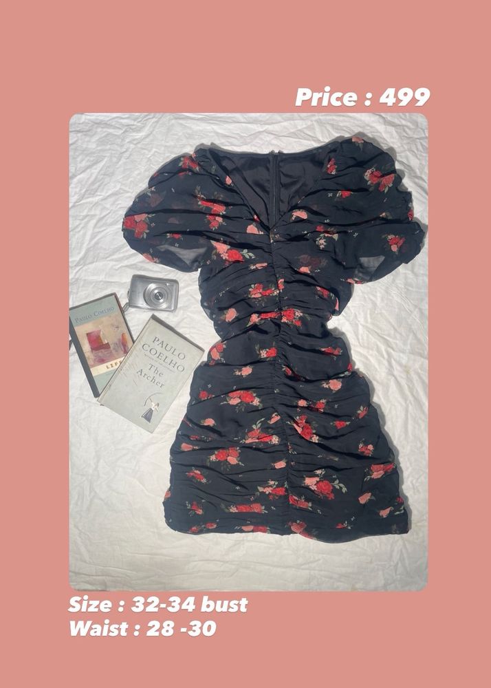 Chic Black Floral Ruched Mini Dress
