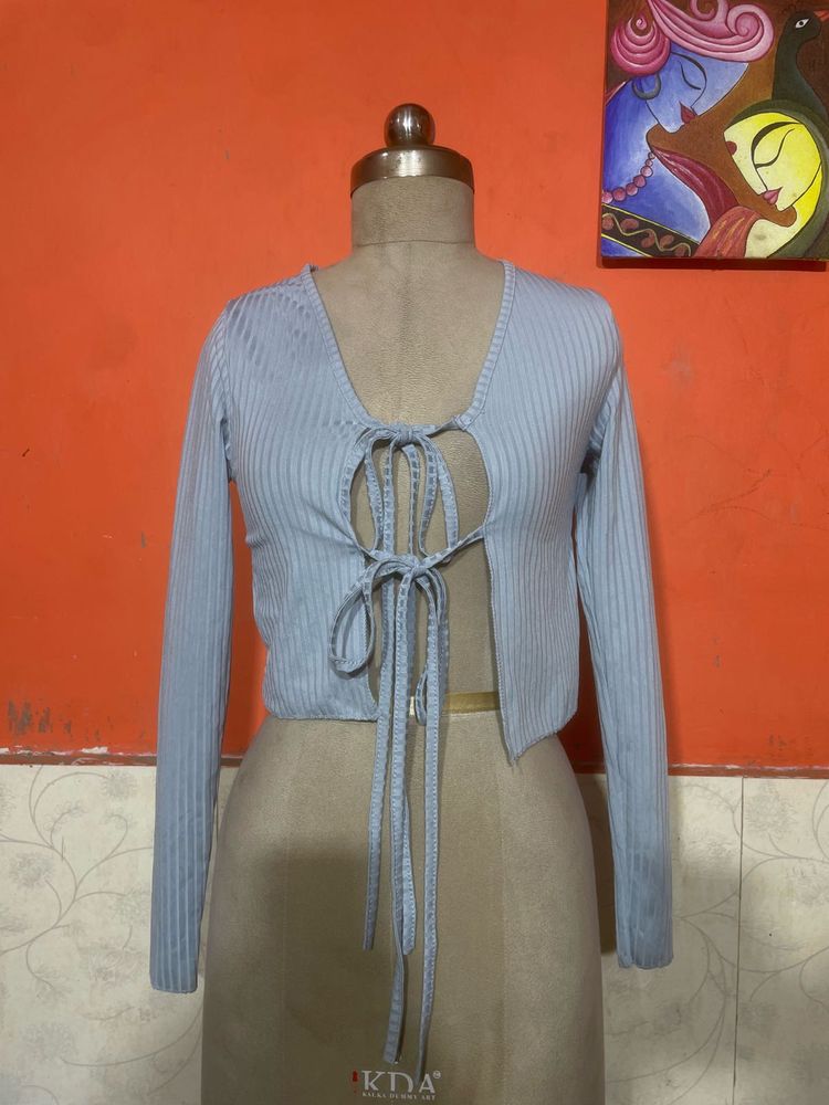 Light Blue Ribbed Tie-Front Top