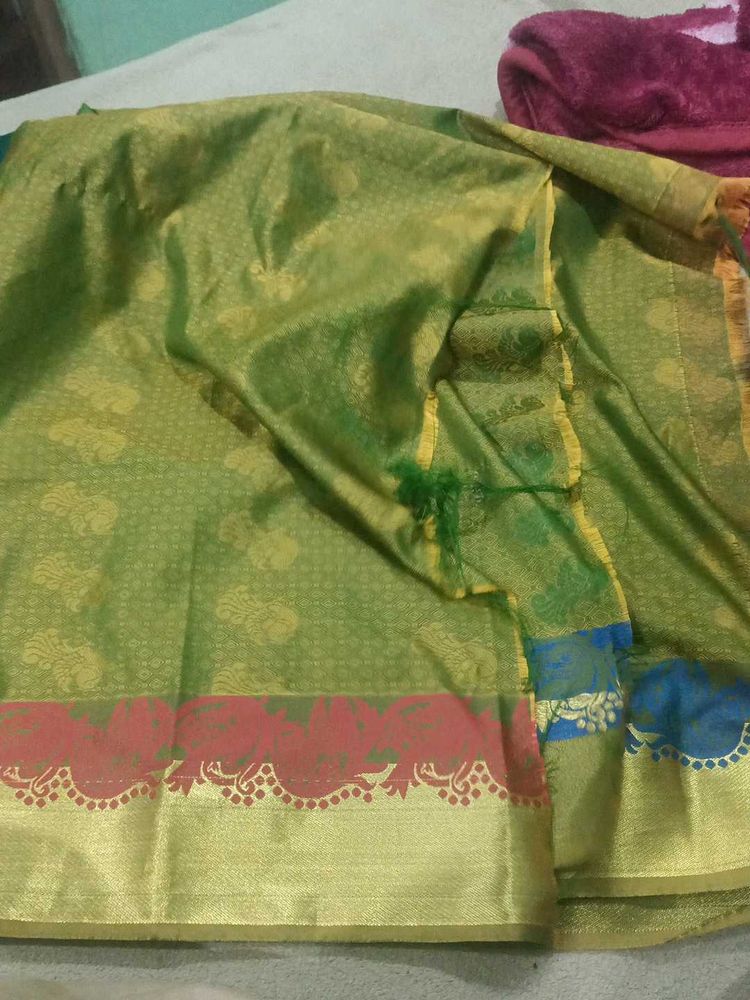 Green Silk blouse material with Gold Borde