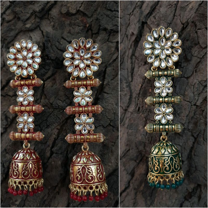 Gorgeously Designed Kundan Earrings in Red and Green Color Combo
