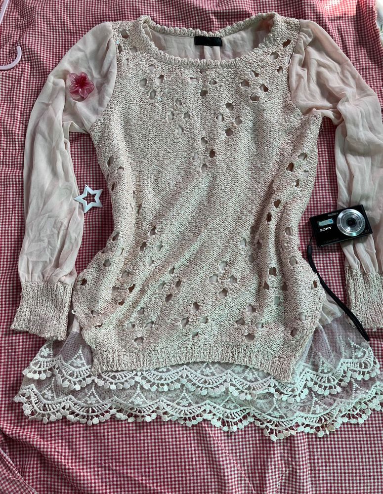 Sheer Sleeve Lace Trim Knit Top