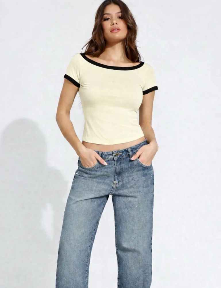Cream &amp; Black Trim Boat Neck Top
