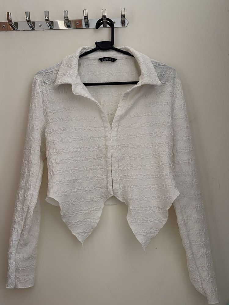 Chic Textured White Long Sleeve Top