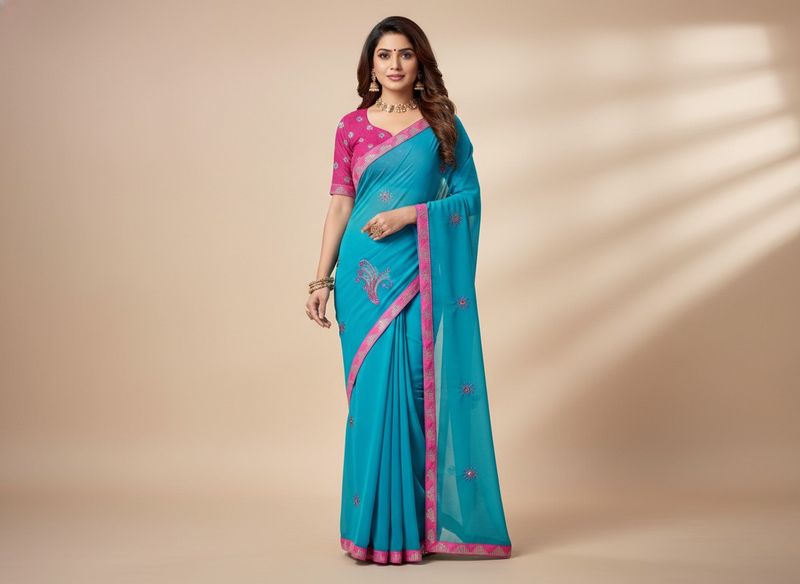 Blue &amp; Pink Embroidered Sari