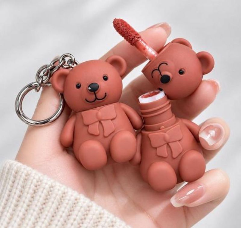 Cute Teddy Bear Lip Gloss Keychain Set