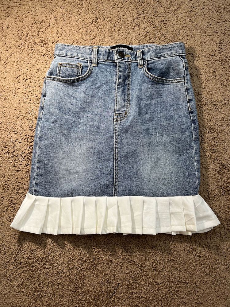 Denim Skirt with Pleated Hem