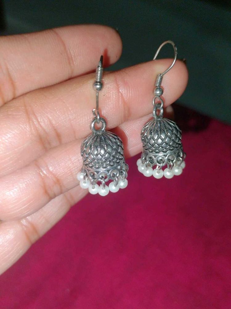 Oxidized Jhumka Earrings with Pearls