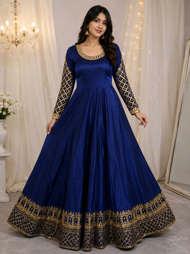 Premium Women's Navy Blue Silk Embroidered Gown wi
