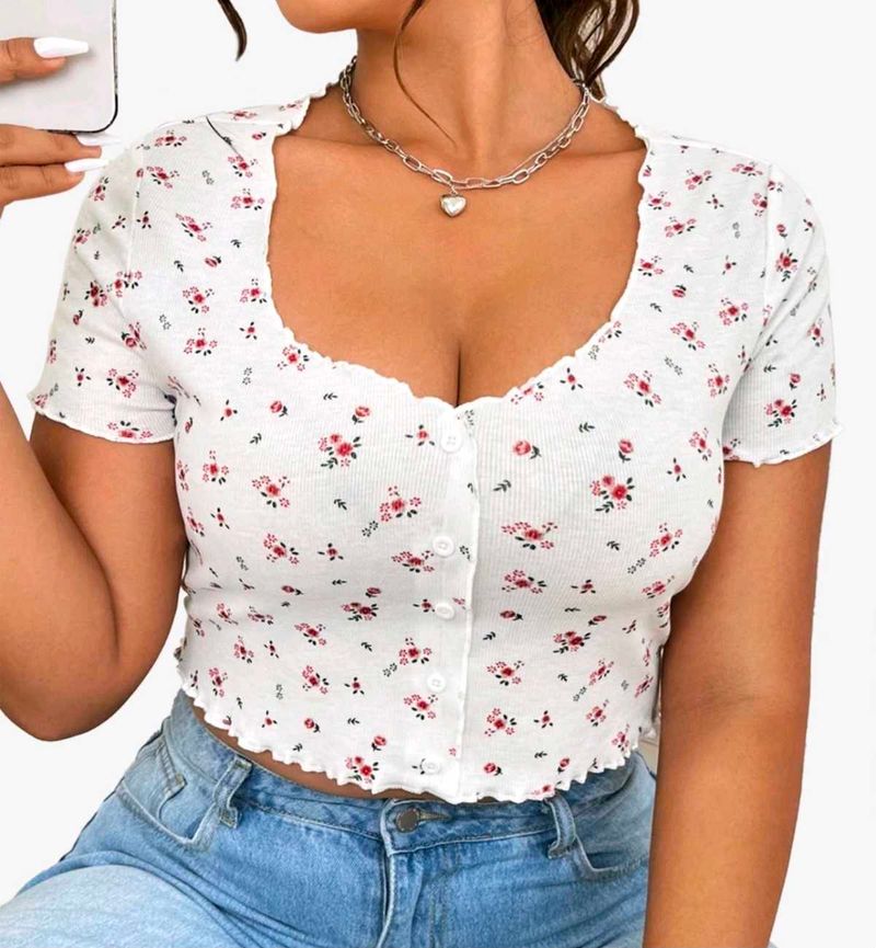 Floral Button-Up Lettuce Hem Crop Top