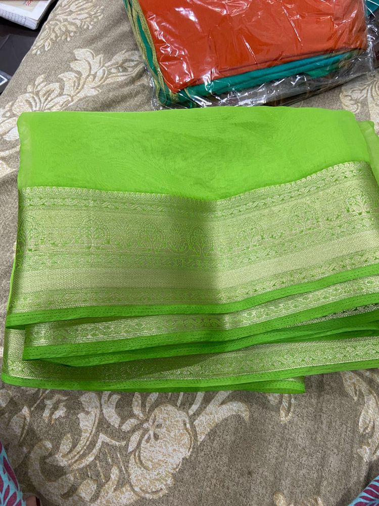 Lime Green Sari with Gold Border