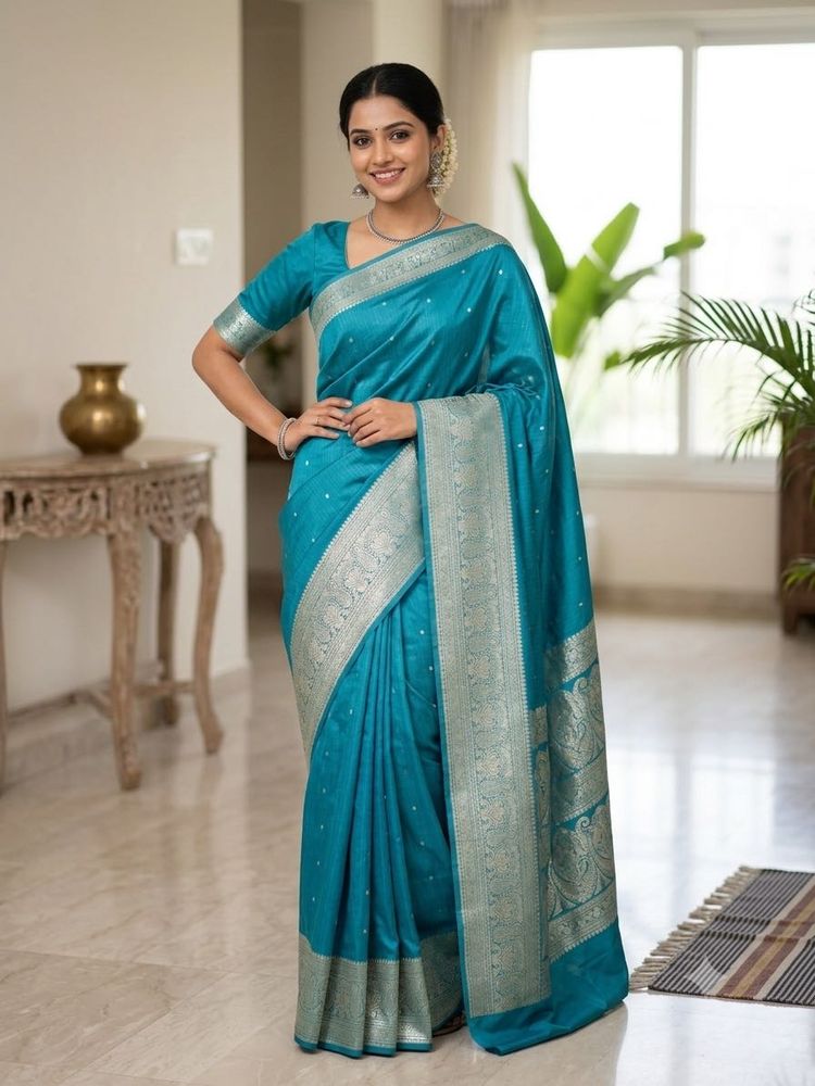 Elegant Teal Silk Saree with Silver Border (NOT IN