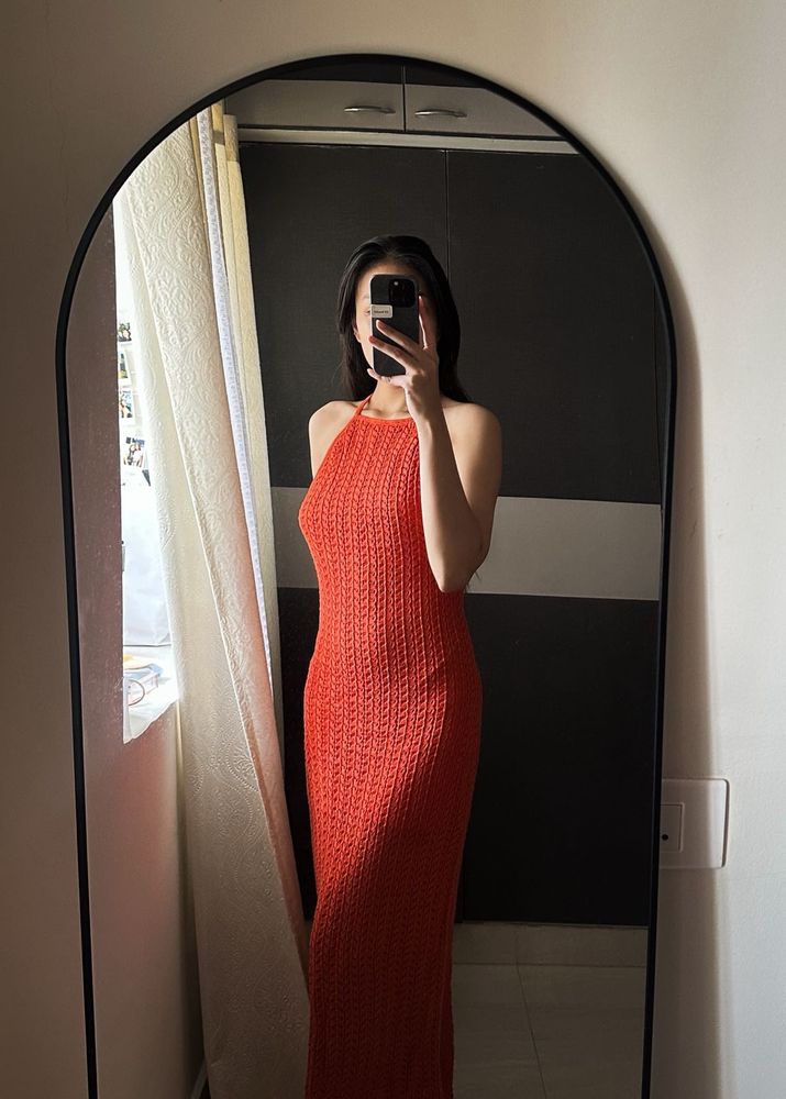 Orange Crochet Bodycon Maxi Dress | Halter Neck |