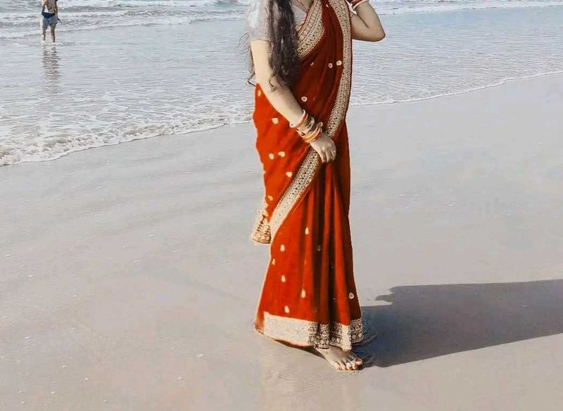 Elegant Embroidered Maroon Saree