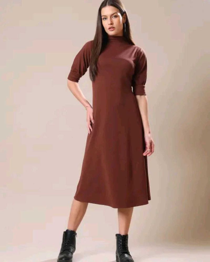 Brown Mock Neck Midi Dress
