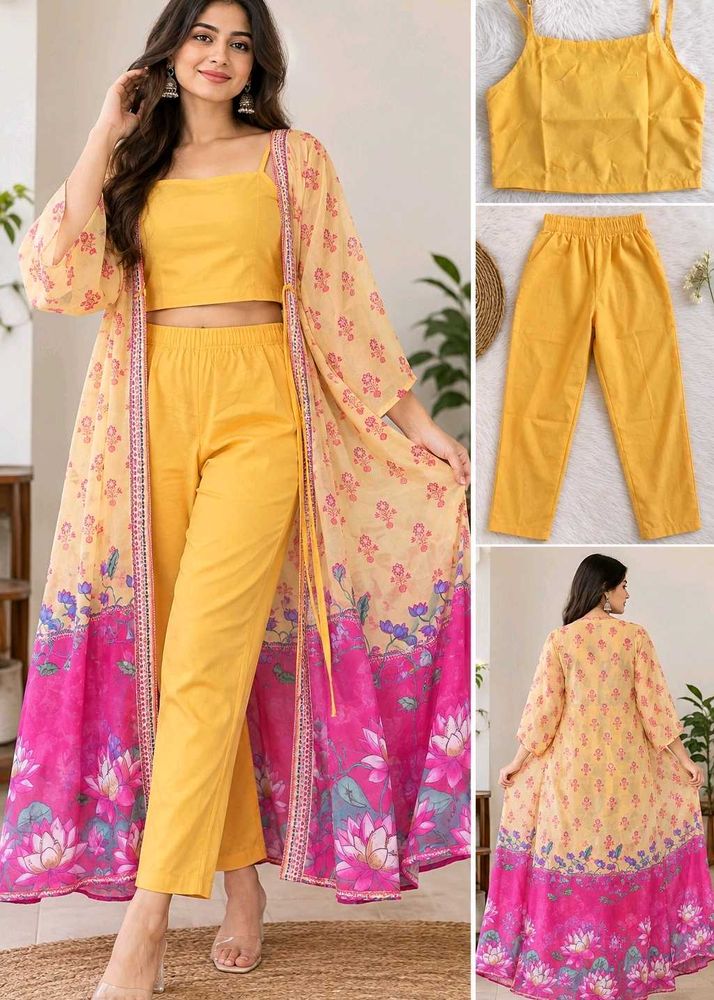 Yellow Kurta Set with Floral Print Shrug