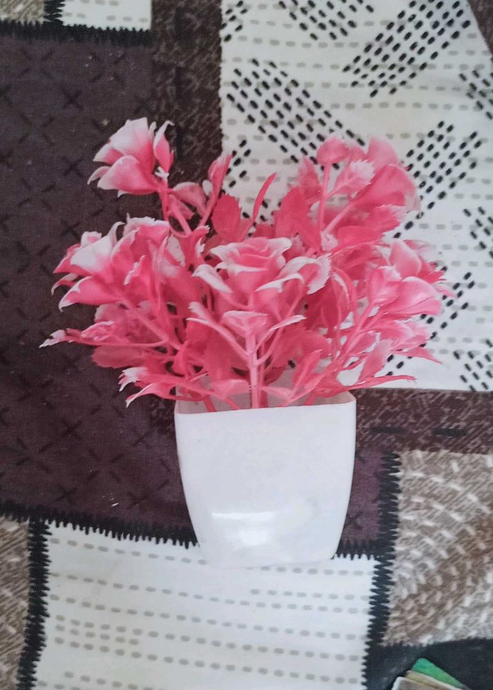 Artificial Pink Rose Plant in White Pot