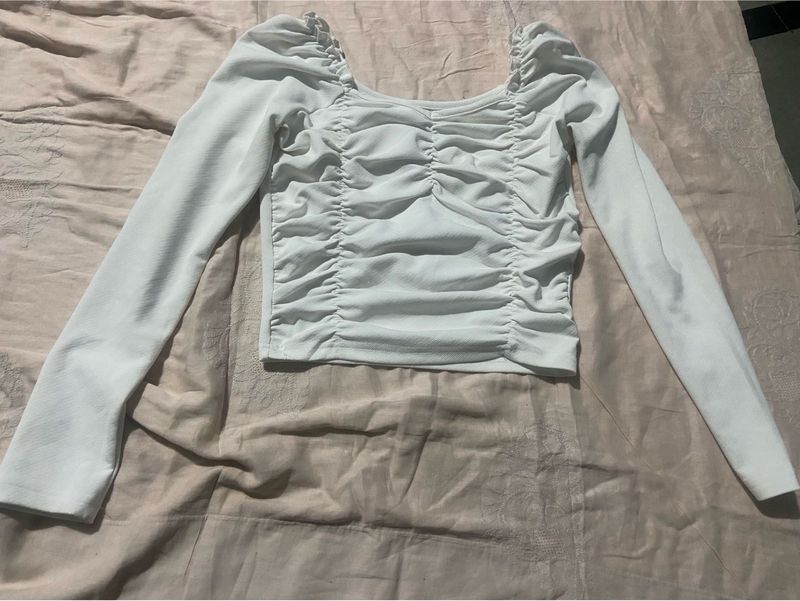 White Long Sleeve Ruched Top