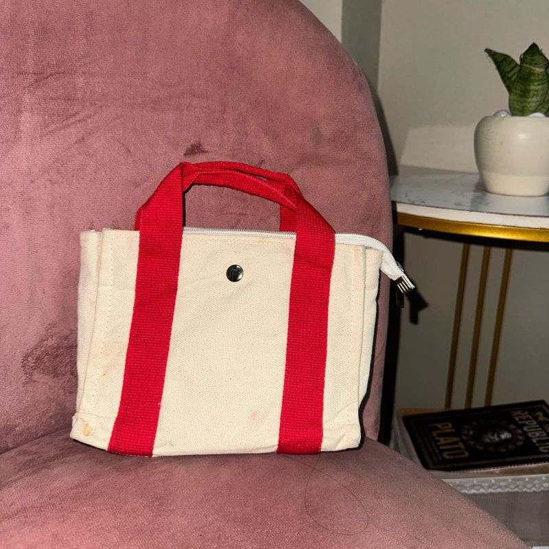 Cream &amp; Red Canvas Mini Tote Bag