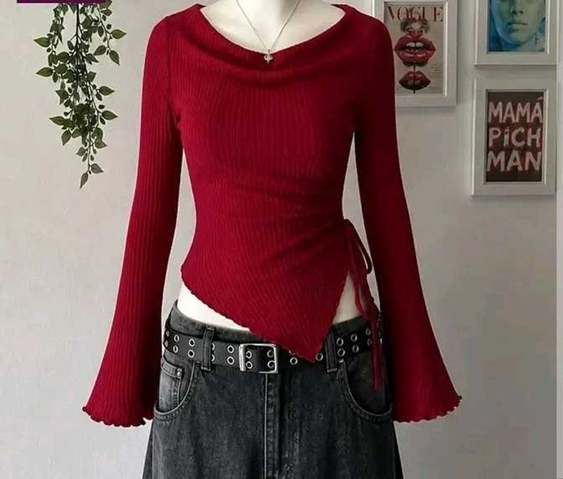 Chic Red Ribbed Bell Sleeve Top