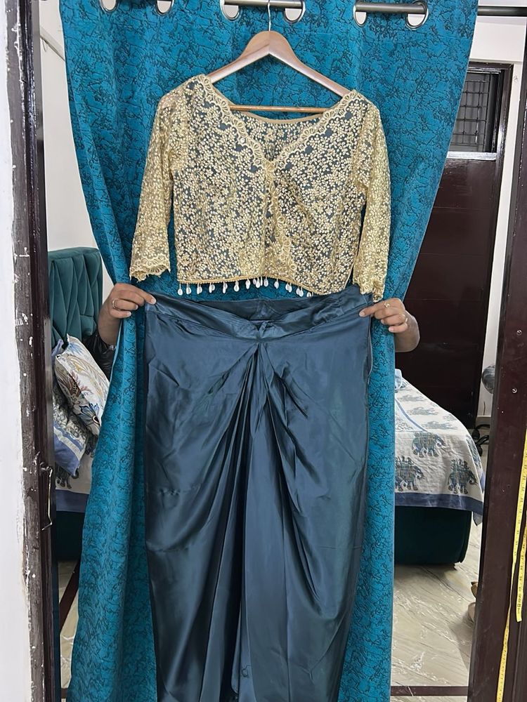 Designer Gold Lace Blouse with Teal Skirt