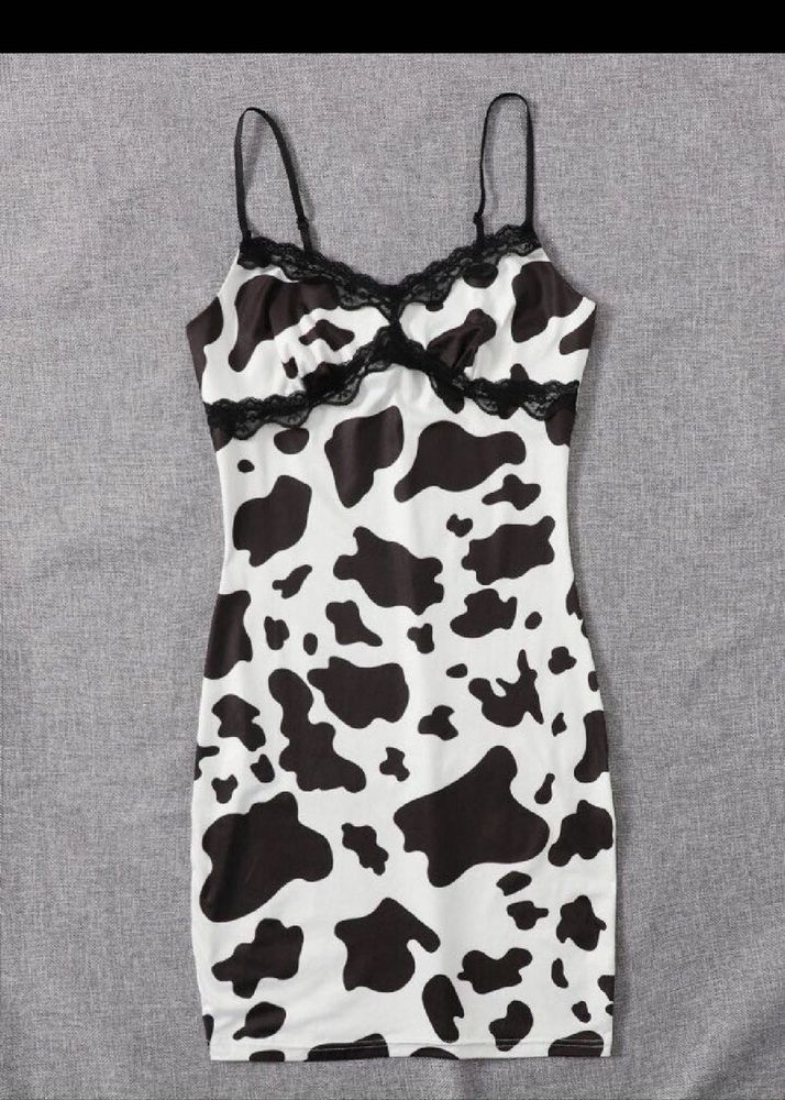 Cow Print Slip Dress with Lace Trim
