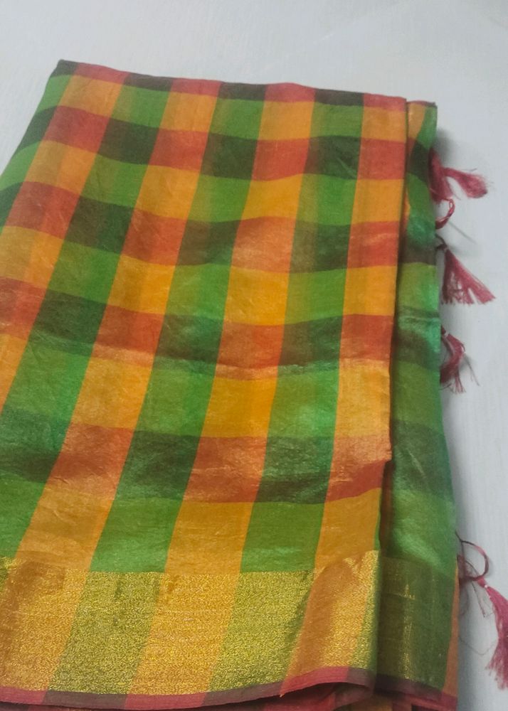 Saree. Cotton Mix. Checked. Orange With Green Colour.