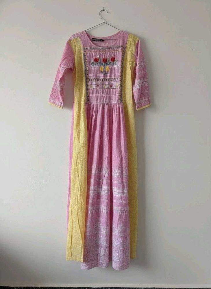 Pink &amp; Yellow Embroidered Kurta