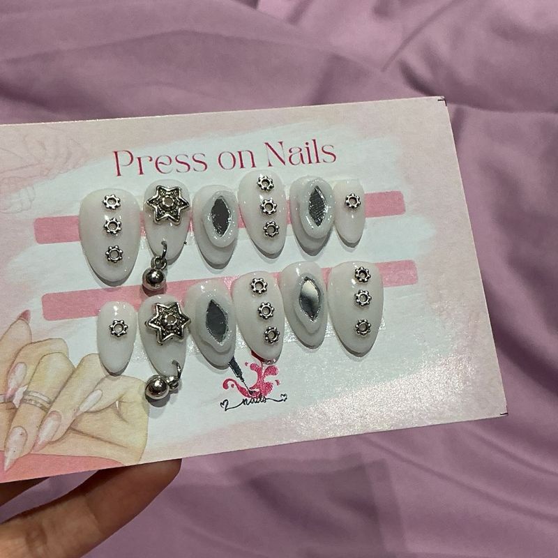Navratri White Press-On Nails with Star Charms