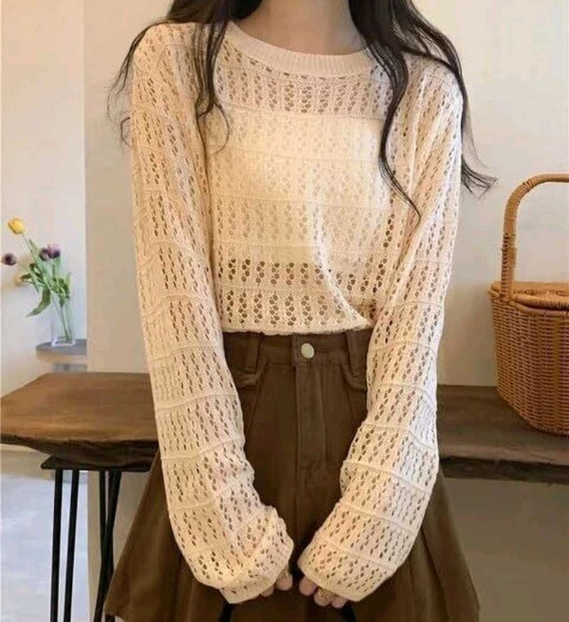 Cream Crochet Knit Sweater