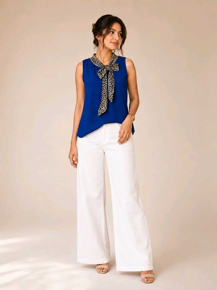 Stylish Blue Sleeveless Top with Scarf Detail