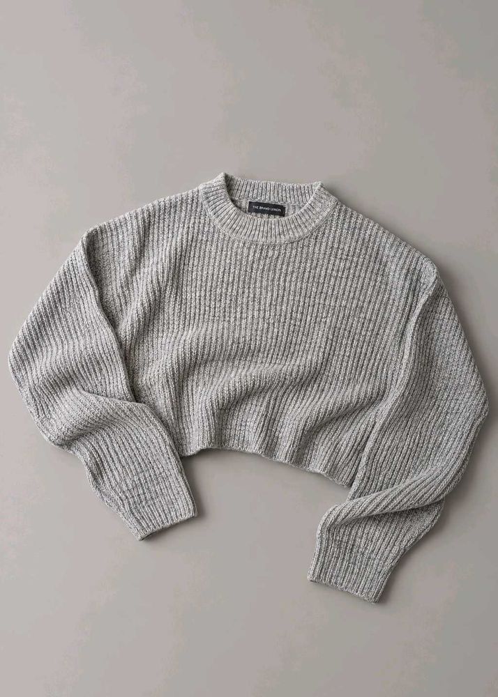 GREY MARLED RIBBED CROPPED SWEATER