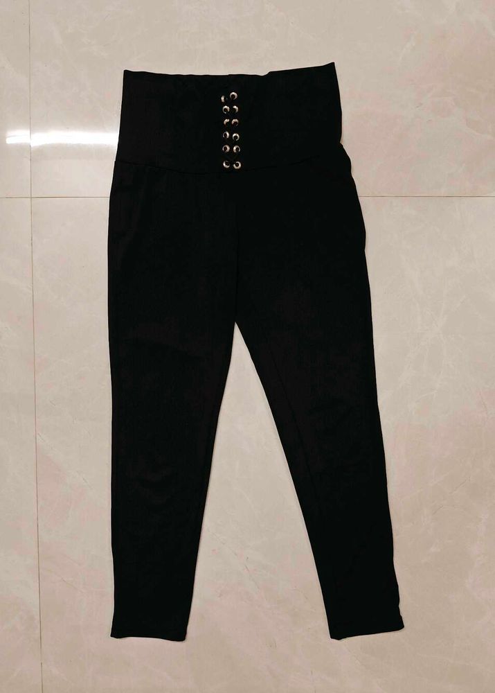 High Waisted Black Pants with Lace-Up Detail