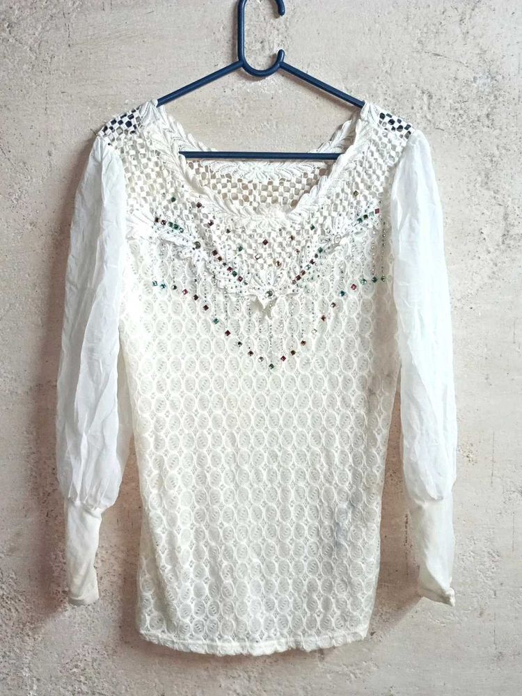 Elegant White Lace &amp; Embellished Top