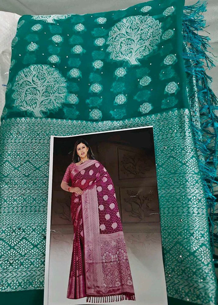 New Exquisite Teal Saree with Tree Motifs