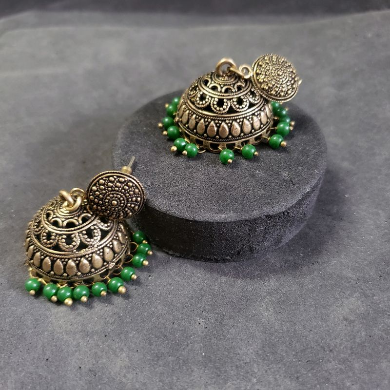 Green Beaded Jhumka Earrings