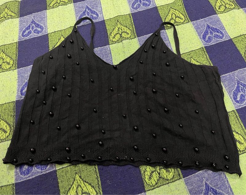 Black Beaded Crop Top