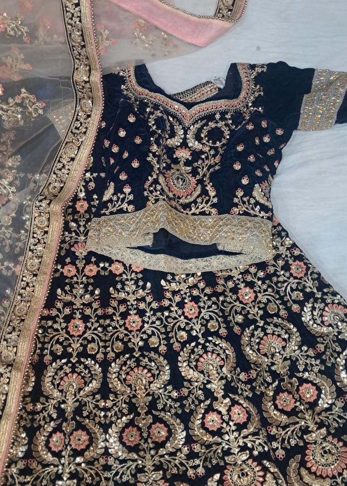 Navy Blue Peach Velvet Embroidered Lehenga Choli