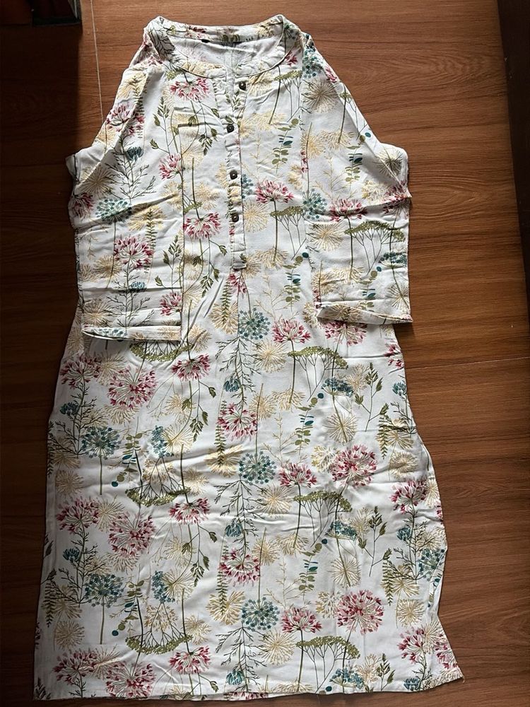 White Floral Print Kurta
