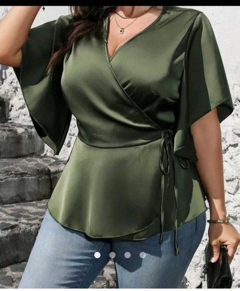 Satin Wrap Top - Olive Green