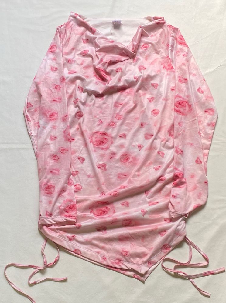 Pink Rose Print Drape Neck Top