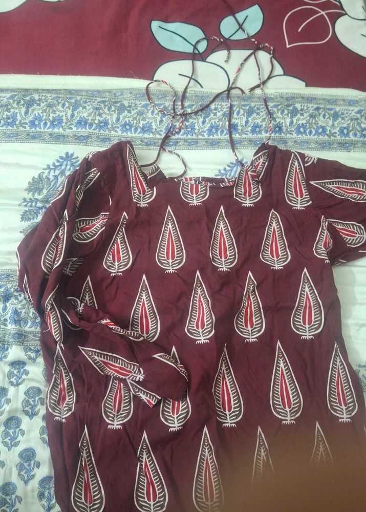 Maroon Printed Cotton Kurta tie neck